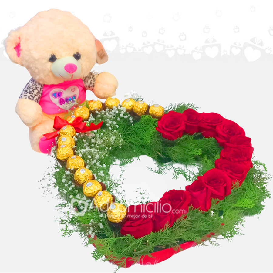 Arreglo Floral En Forma De Corazón Con Peluche San Valentín a Domicilio Medellín Pedido Con Un Dia De Anticipación