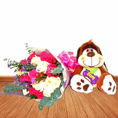  Regalos a domicilio en Bogotá Bouquet Rosas con Peluche