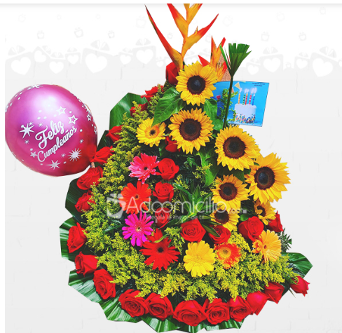 Arreglo Floral con Rosas, Gerberas, Girasoles y Globo A Domicilio en Manizales